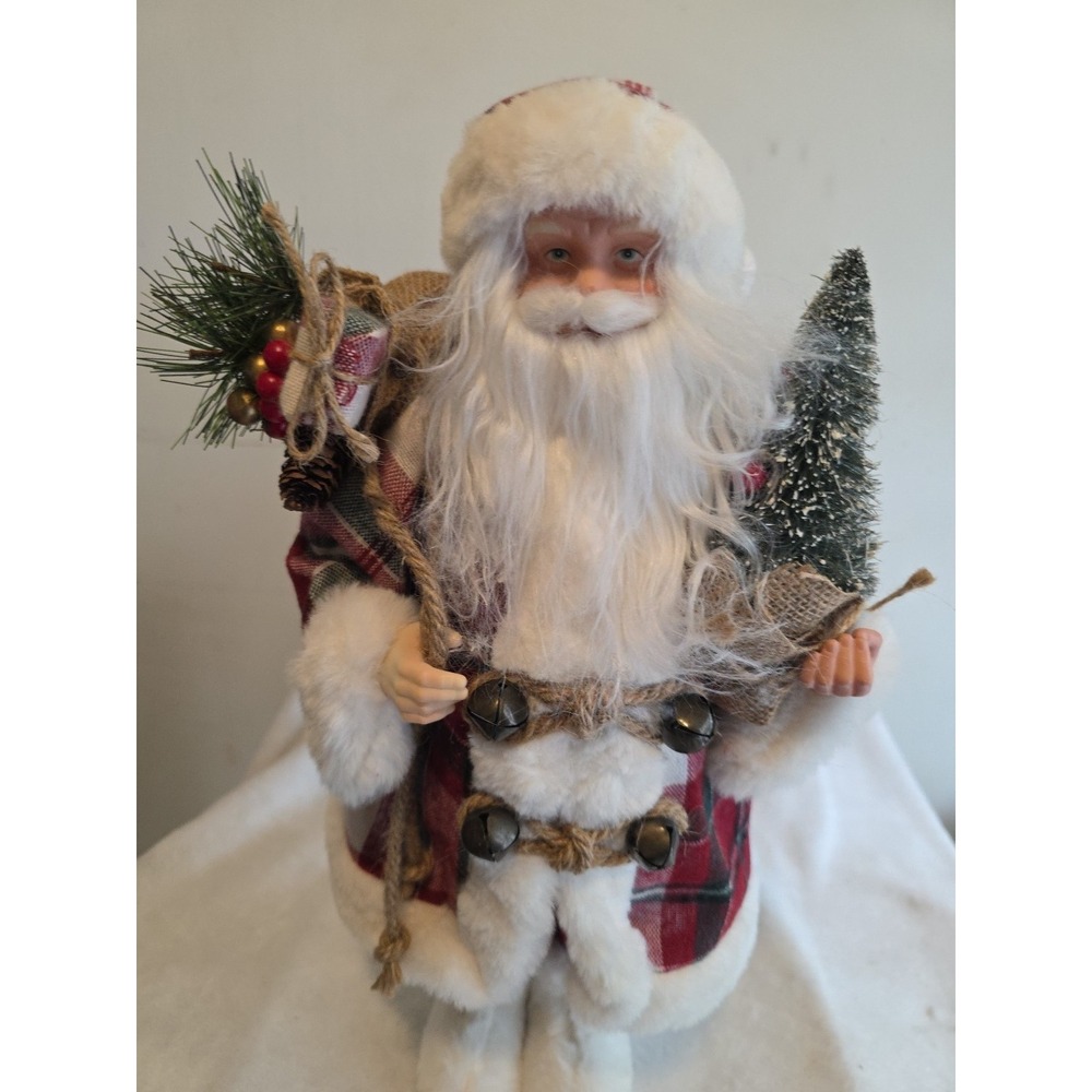 Vintage Santa Claus Figurine w/ Plaid Coat & Tree–Christmas Holiday Decor-17 in - Picture 4 of 11